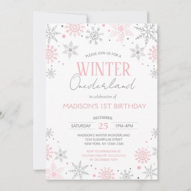 Winter Onederland Snöflingor Första födelsedag Inbjudningar (Framsida)