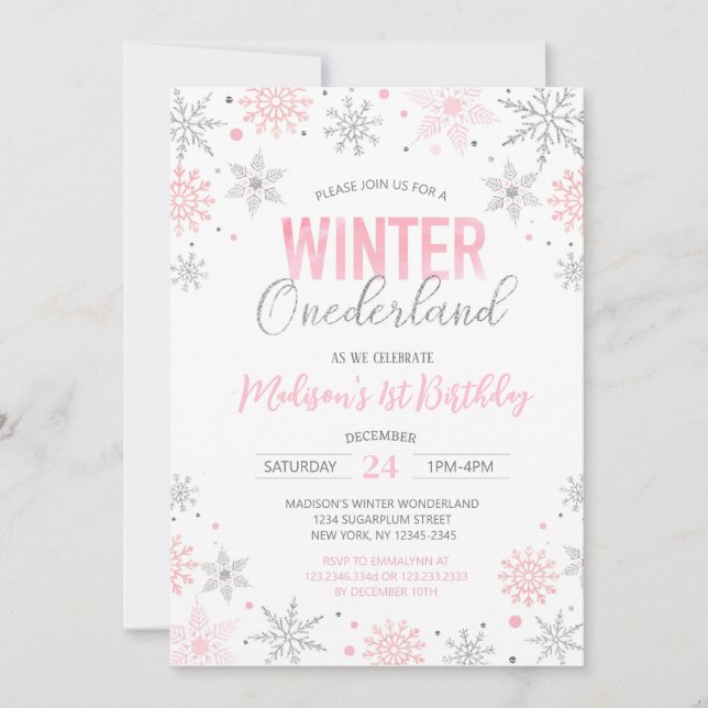 Winter Onederland Snöflingor Första födelsedag Inbjudningar (Framsida)