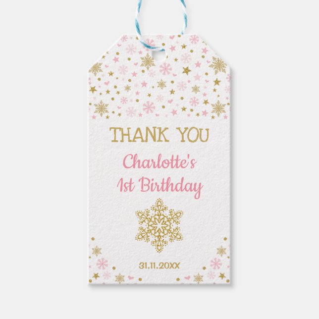 Winter ONEderland Snöflingor Rosa Guld Birthday Presentetikett (Framsidan)