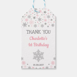 Winter ONEderland Snöflingor Rosa Silver Birthday Presentetikett