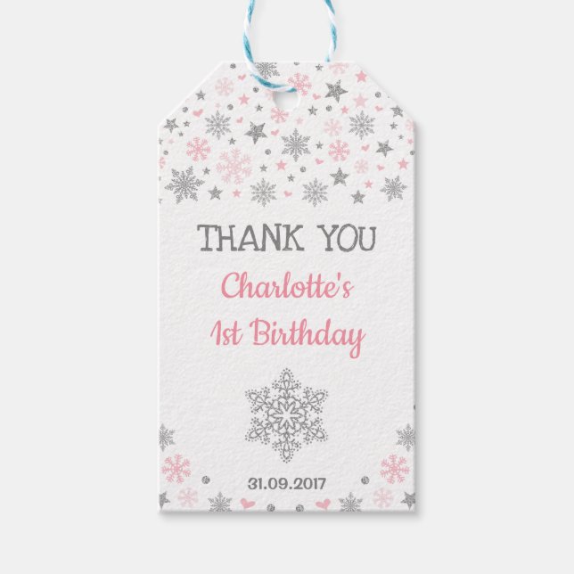 Winter ONEderland Snöflingor Rosa Silver Birthday Presentetikett (Framsidan)