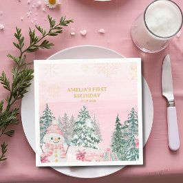Winter ONEderland Snögubbe Girl 1st Birthday Rosa Pappersservett
