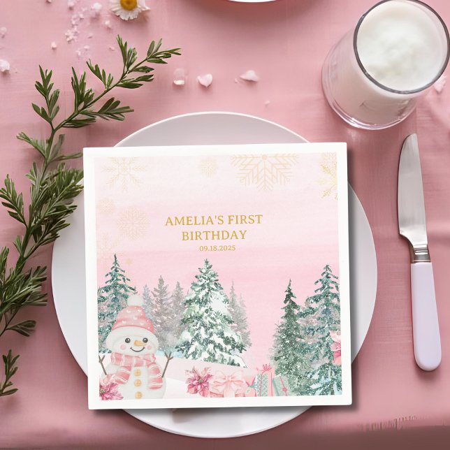 Winter ONEderland Snögubbe Girl 1st Birthday Rosa Pappersservett (Skapare uppladdad)