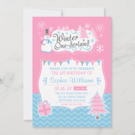Winter Onederland Snögubbe Rosa Blue 1:a födelseda Inbjudningar