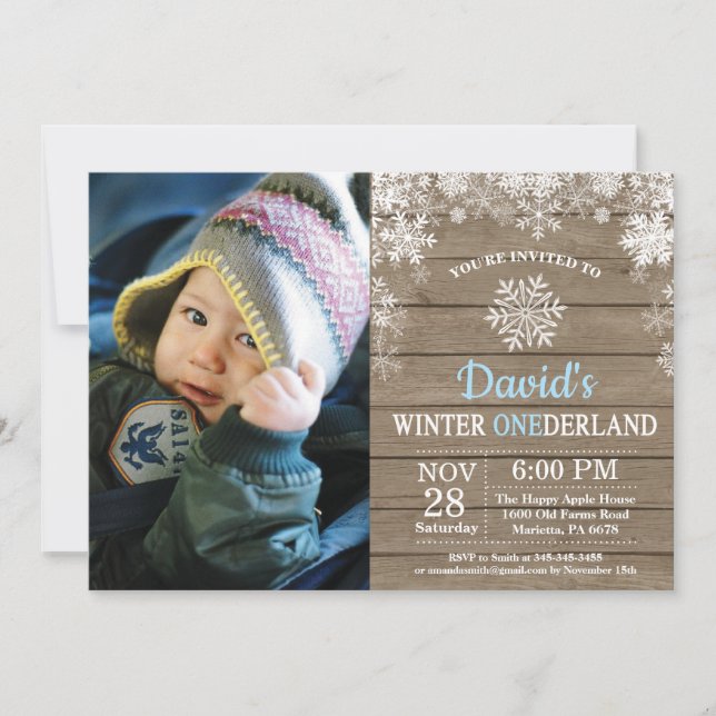 Winter Onederland Snowflake Blue Boy 1st Birthday Inbjudningar (Framsida)