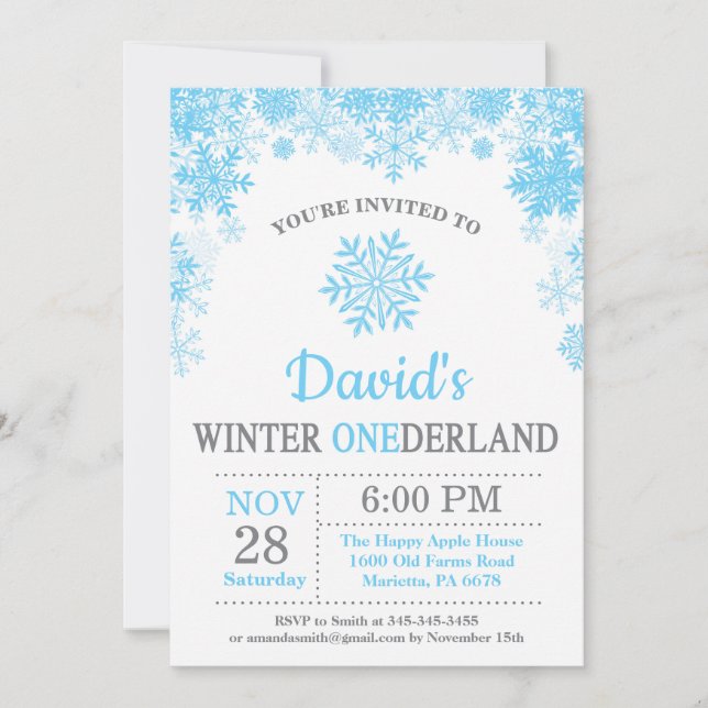 Winter Onederland Snowflake Blue Boy 1st Birthday Inbjudningar (Framsida)