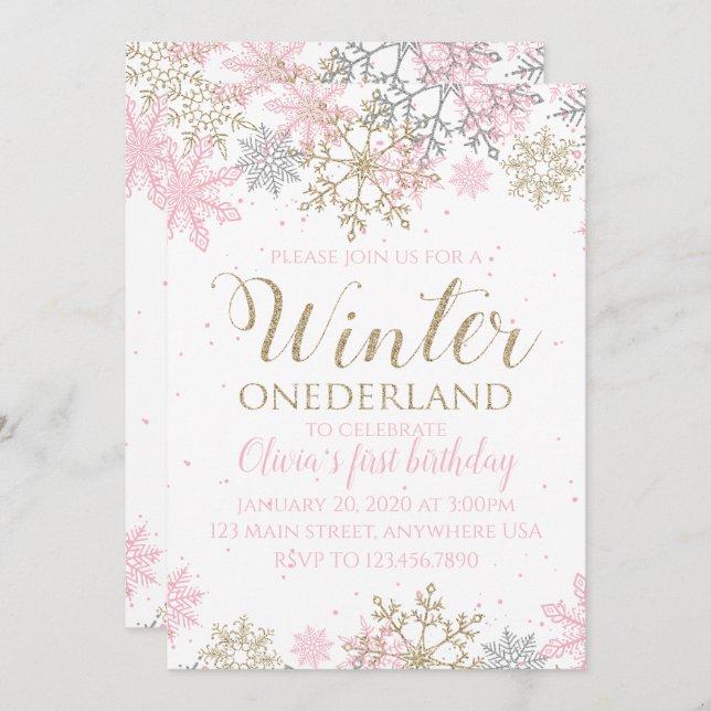 Winter Onederland Snowflake First Birthday Inbjuda Inbjudningar (Fram/baksida)