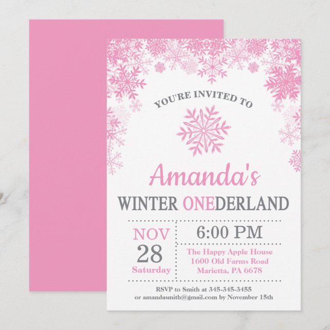 Winter Onederland Snowflake Rosa Girl 1 Birthday Inbjudningar (Fram/baksida)