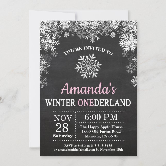 Winter Onederland Snowflake Rosa Girl 1 Birthday Inbjudningar (Framsida)