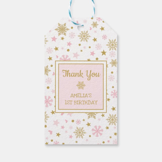 Winter ONEderland Snowflake Rosa Guld Birthday Presentetikett (Baksidan)