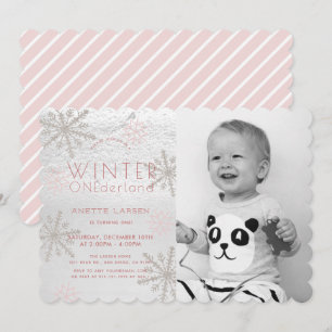 Winter Onederland Snowflake Rosa Photo1st Birthday Inbjudningar
