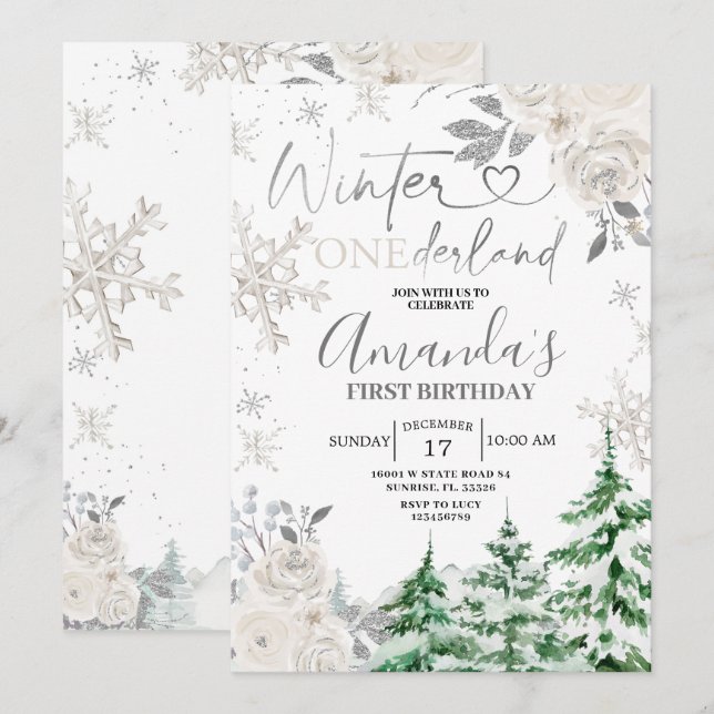 Winter Onederland Snowflake White Blommigt Birthda Inbjudningar (Fram/baksida)