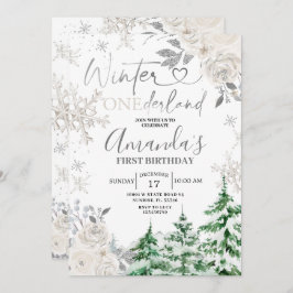 Winter Onederland Snowflake White Blommigt Birthda Inbjudningar