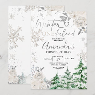 Winter Onederland Snowflake White Blommigt Birthda Inbjudningar