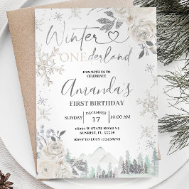 Winter Onederland Snowflake White Blommigt Birthda Inbjudningar