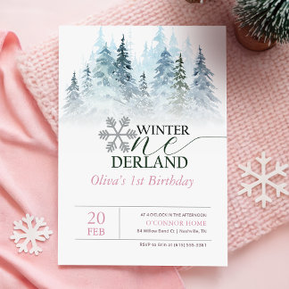 Winter ONEderland Snowy Forest 1st Birthday Inbjudningar