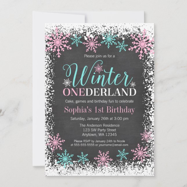 Winter ONEderland Teal Chalkboard 1:a födelsedag Inbjudningar (Framsida)