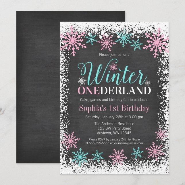 Winter ONEderland Teal Chalkboard 1:a födelsedag Inbjudningar (Fram/baksida)