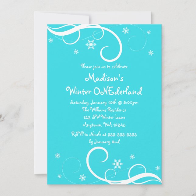 Winter ONEderland Teal Swirl Snöflingor Inbjudningar (Framsida)