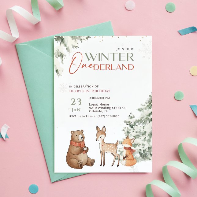 Winter Onederland Watercolor Animal First Birthday Inbjudningar (Skapare uppladdad)