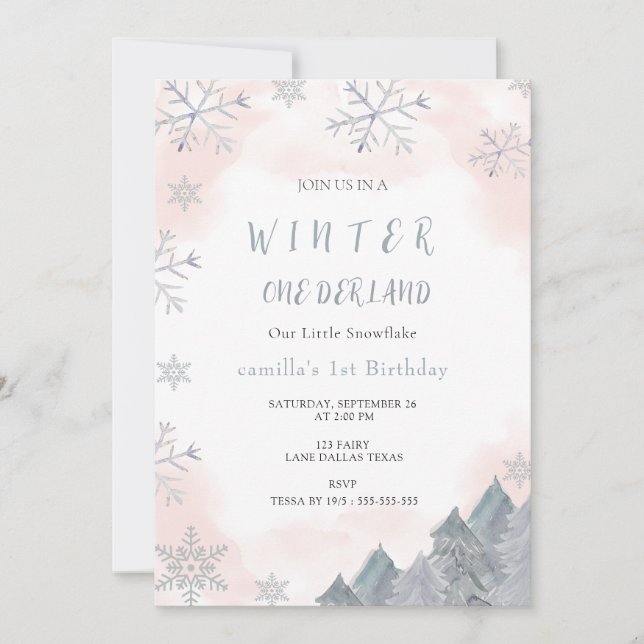 Winter Onederland Watercolor Rosa 1:a årsdagen Inbjudningar (Framsida)