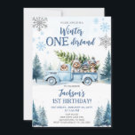 Winter Onederland Woodland Animals 1:a födelsedage Inbjudningar<br><div class="desc">Vinter ONEderland 1:a födelsedagsinbjudan. Den här charmerande inbjudan är perfekt för en vinter-temerad första födelsedagsfirande för din lilla pojke. Den har en förtjusande bild av blått lastbil, snö, skogsdjur och träd, som skapar en vismisk och festlig atmosfär. Anpassa enkelt designen med din egen formulering Del av en samling. Matchande objekt...</div>