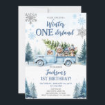 Winter Onederland Woodland Animals 1:a födelsedage Inbjudningar<br><div class="desc">Vinter ONEderland 1:a födelsedagsinbjudan. Den här charmerande inbjudan är perfekt för en vinter-temerad första födelsedagsfirande för din lilla pojke. Den har en förtjusande bild av blått lastbil, snö, skogsdjur och träd, som skapar en vismisk och festlig atmosfär. Anpassa enkelt designen med din egen formulering Del av en samling. Matchande objekt...</div>