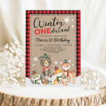 Winter ONEderland Woodland Animals 1:a födelsedage Inbjudningar<br><div class="desc">Gratulera till din lilla födelsedag med den här berömvärda inbjudan under vintern. Den söta utformningen har en grupp trädjur och frostigt snöflingor på en söt röd och svart buffelbaksida.</div>