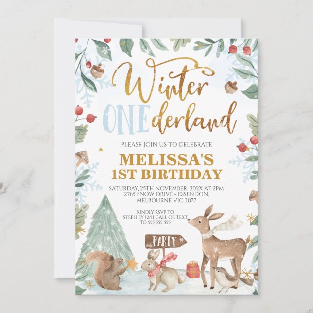 Winter Onederland Woodland Animals Birthday Inbjudningar (Framsida)