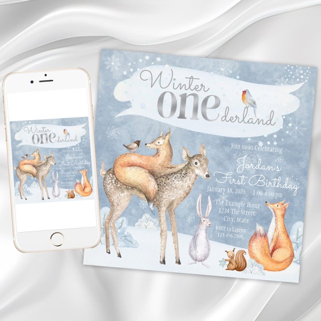 Winter Onederland Woodland First Födelsedagsfest Inbjudningar (Winter Onederland Woodland First Birthday Party Invitation with woodland animals. )