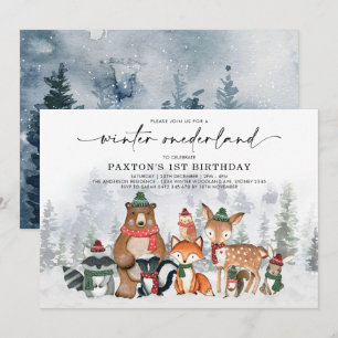 Winter Onederland Woodland Forest 1a Birthday Inbjudningar