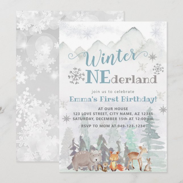 Winter ONEderland Woodland Forest Animals Birthday Inbjudningar (Fram/baksida)