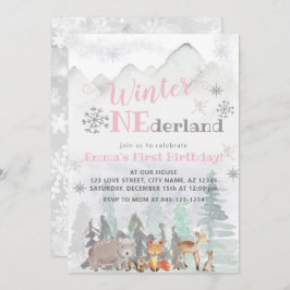 Winter ONEderland Woodland Forest Animals Birthday Inbjudningar