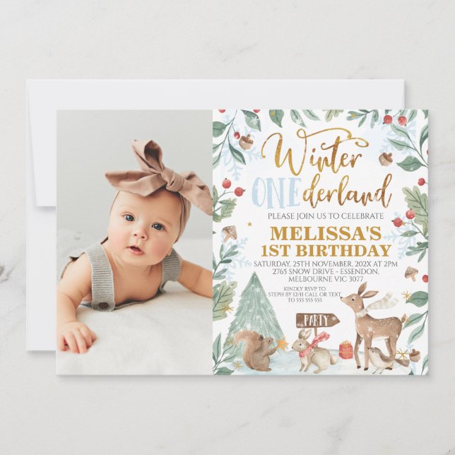 Winter Onederland Woodland Photo Birthday Inbjudningar (Framsida)