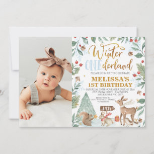 Winter Onederland Woodland Photo Birthday Inbjudningar