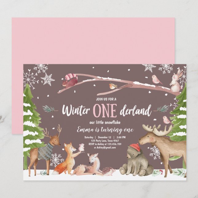 Winter ONEderland Woodland Rosa Birthday Inbjudningar (Fram/baksida)
