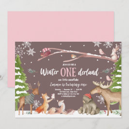 Winter ONEderland Woodland Rosa Birthday Inbjudningar