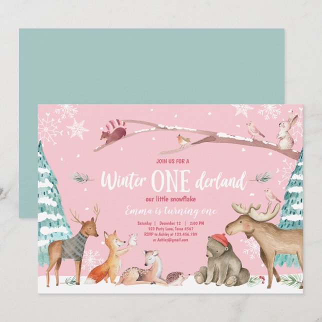 Winter ONEderland Woodland Rosa födelsedag Inbjudningar (Fram/baksida)