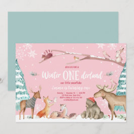 Winter ONEderland Woodland Rosa födelsedag Inbjudningar