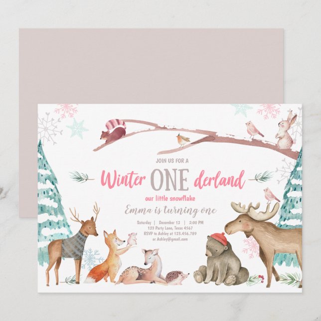Winter ONEderland Woodland Rosa födelsedag Inbjudningar (Fram/baksida)