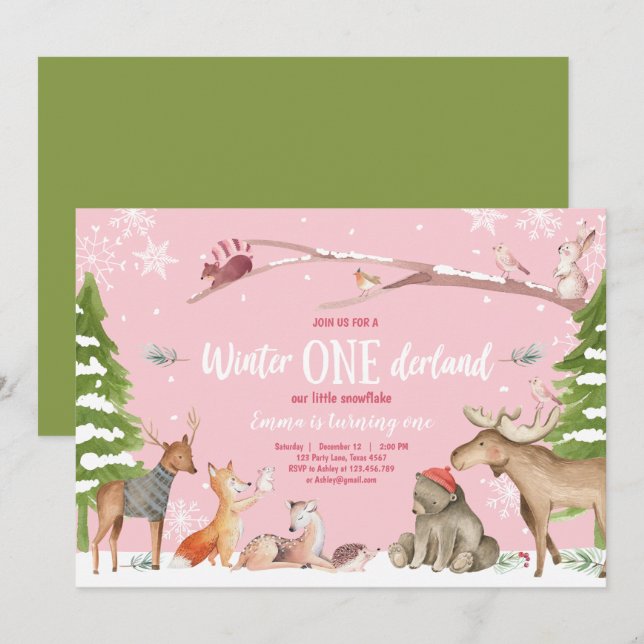 Winter ONEderland Woodland Rosa födelsedag Inbjudningar (Fram/baksida)
