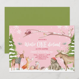 Winter ONEderland Woodland Rosa födelsedag Inbjudningar