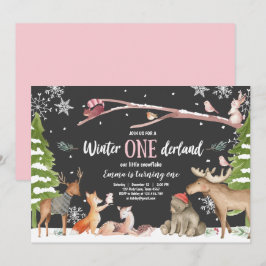 Winter ONEderland Woodland Rosa födelsedag Inbjudningar