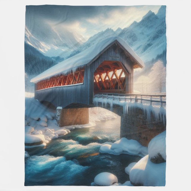 Winter, överbron och flod täckt av snö fleecefilt (Framsidan)