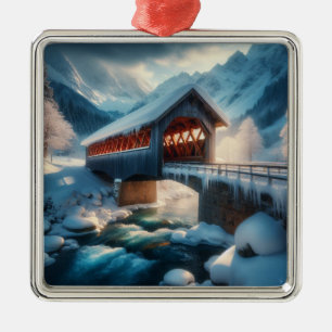 Winter, överbron och flod täckt av snö julgransprydnad metall