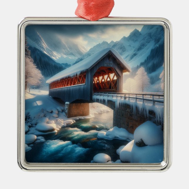 Winter, överbron och flod täckt av snö julgransprydnad metall (Framsidan)