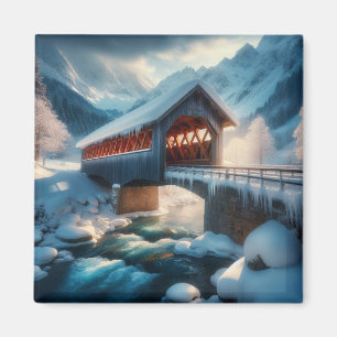 Winter, överbron och flod täckt av snö magnet