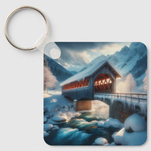 Winter, överbron och flod täckt av snö nyckelring