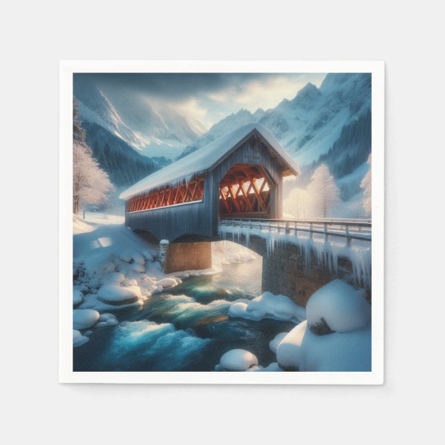 Winter, överbron och flod täckt av snö pappersservett (Framsidan)
