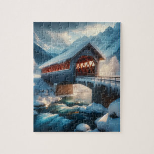 Winter, överbron och flod täckt av snö pussel